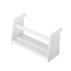 White wall-mounted spice rack with two shelves for kitchen organization.