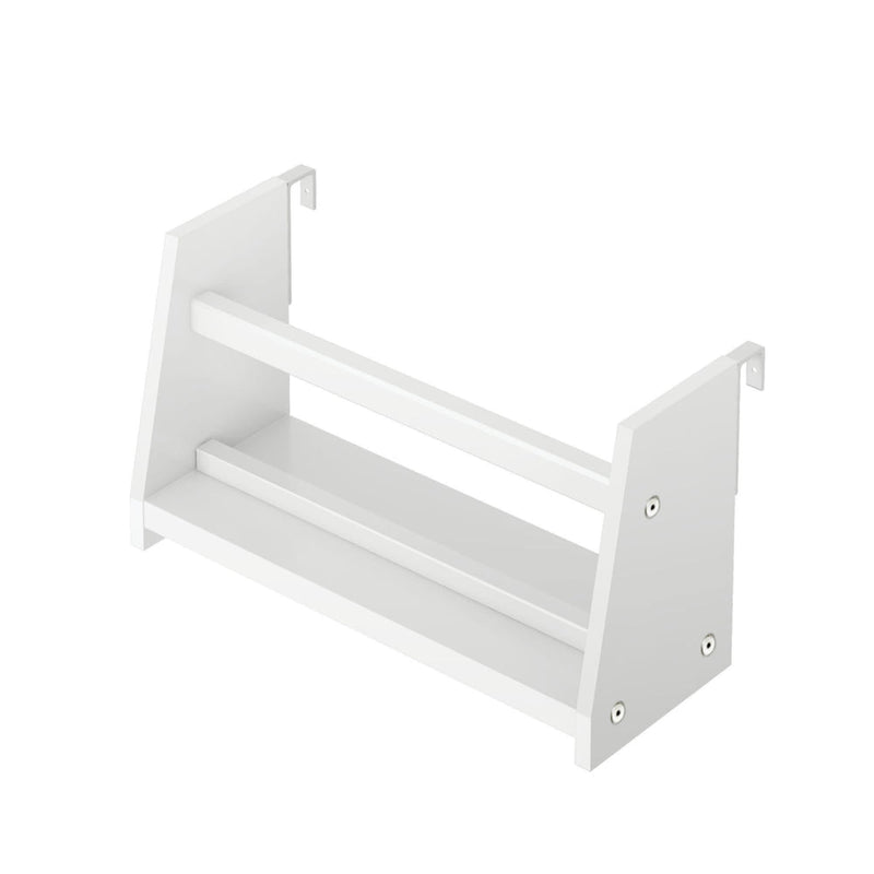 White wall-mounted spice rack with two shelves for kitchen organization.