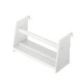 White wall-mounted spice rack with two shelves for kitchen organization.