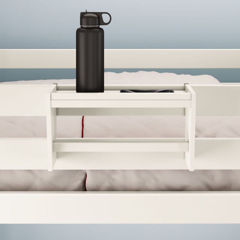 White bed with a convenient built-in shelf holding a black water bottle, perfect for optimizing bedroom storage and organization.