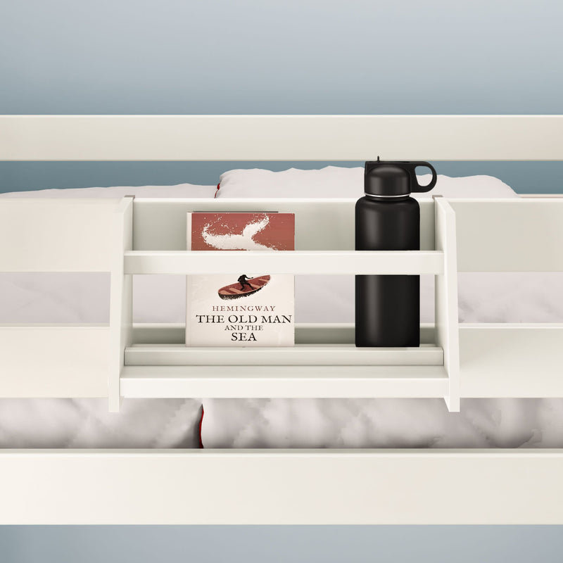 Bedside shelf with book "The Old Man and The Sea" and water bottle, minimalist bedroom decor.