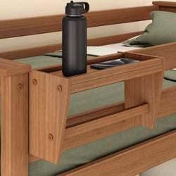 Wooden bed shelf with water bottle and smartphone for convenient bedside storage