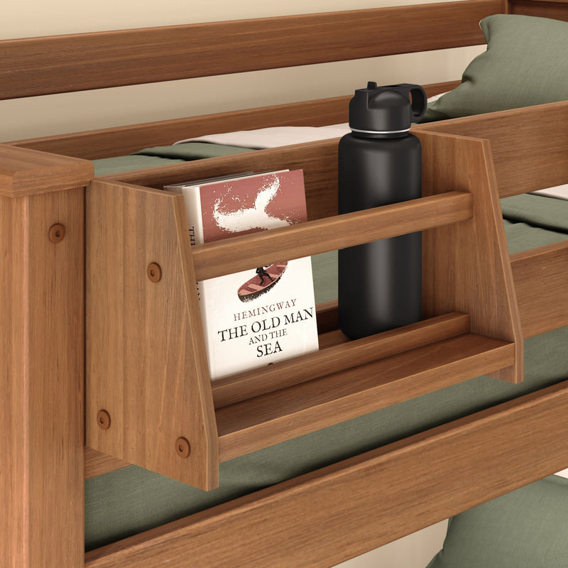 Wooden bedside shelf with a book and water bottle, perfect for bedroom storage and organization.