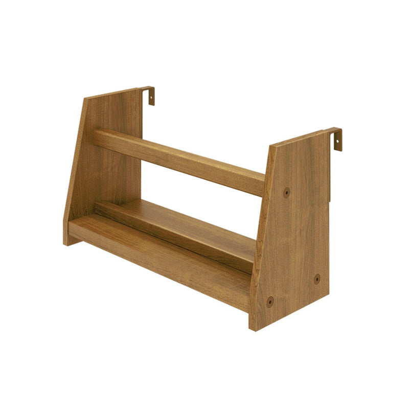 Wall-mounted wooden spice rack with two shelves for kitchen organization.