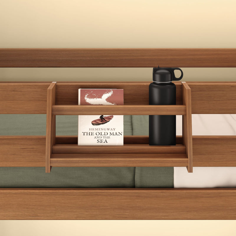 Wooden bed shelf with a book titled "The Old Man and the Sea" and a black water bottle.