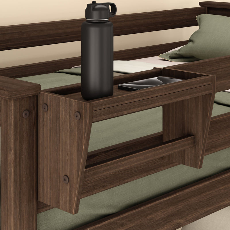 Wooden bed shelf with water bottle and smartphone, ideal for bedroom organization and storage.