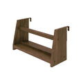 Wall-mounted brown wooden spice rack for kitchen organization.