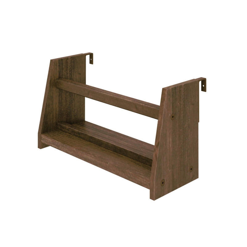Wall-mounted brown wooden spice rack for kitchen organization.
