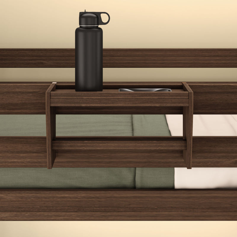 Wooden bedside shelf with a black water bottle and phone, perfect for bedroom organization.