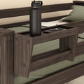 Rustic wooden headboard shelf with a black water bottle and smartphone, perfect for bed storage.
