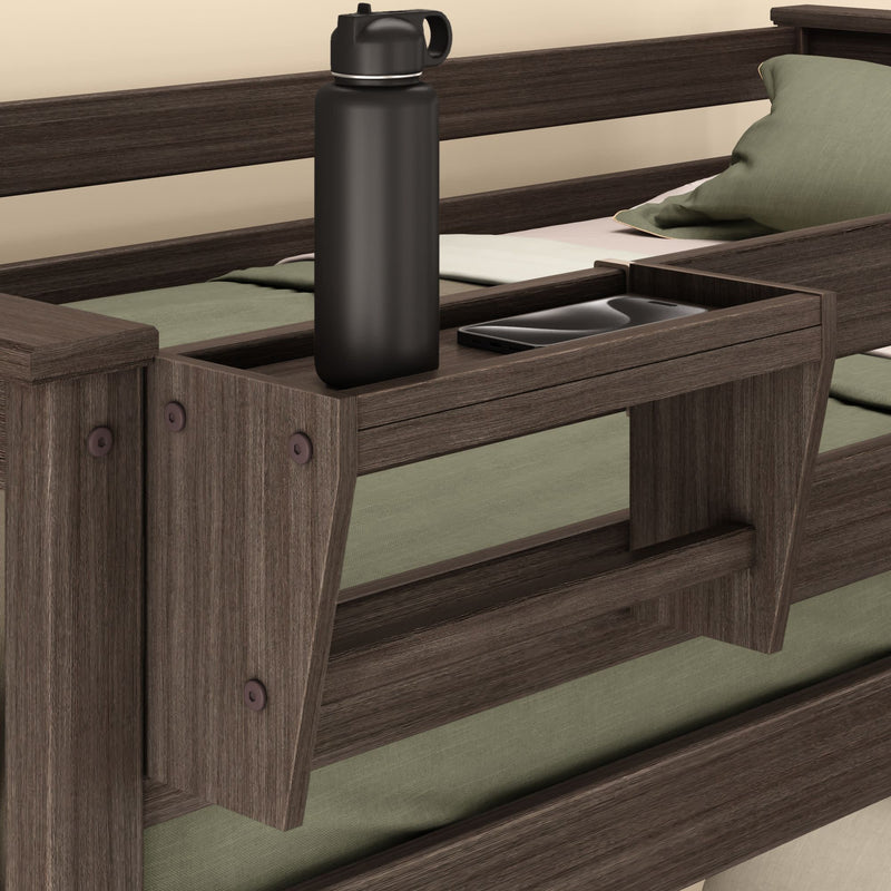 Rustic wooden headboard shelf with a black water bottle and smartphone, perfect for bed storage.
