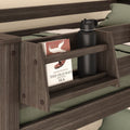 Brown wooden bunk bed shelf with a black water bottle and "The Old Man and the Sea" book, showcasing a practical storage solution.