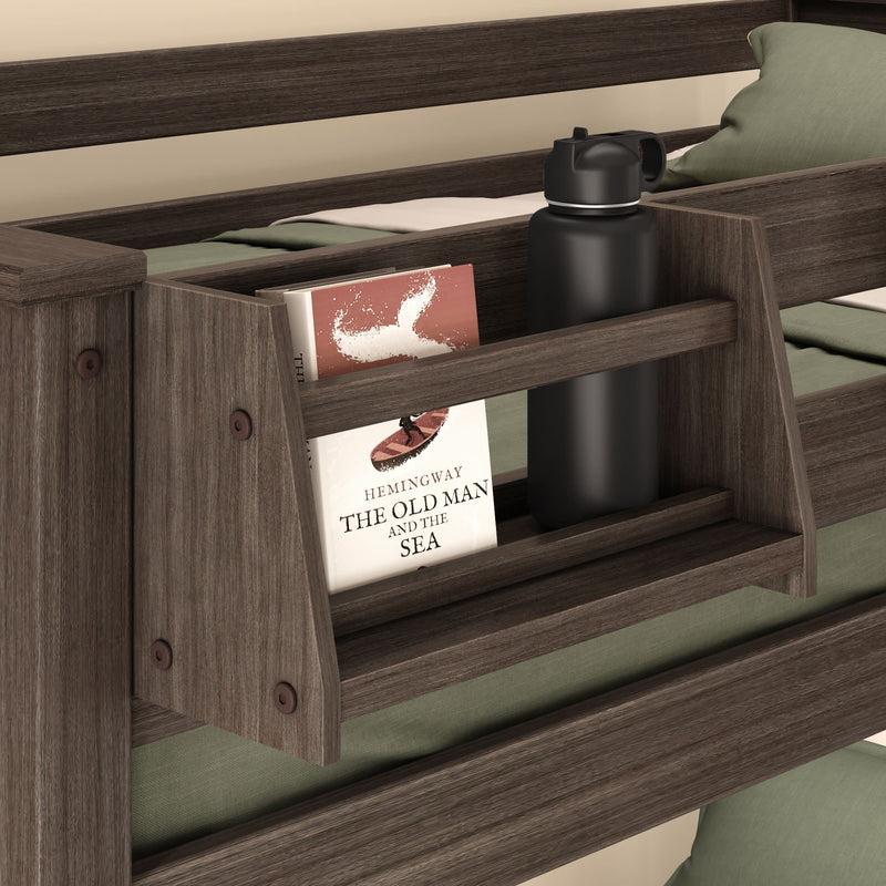 Brown wooden bunk bed shelf with a black water bottle and "The Old Man and the Sea" book, showcasing a practical storage solution.
