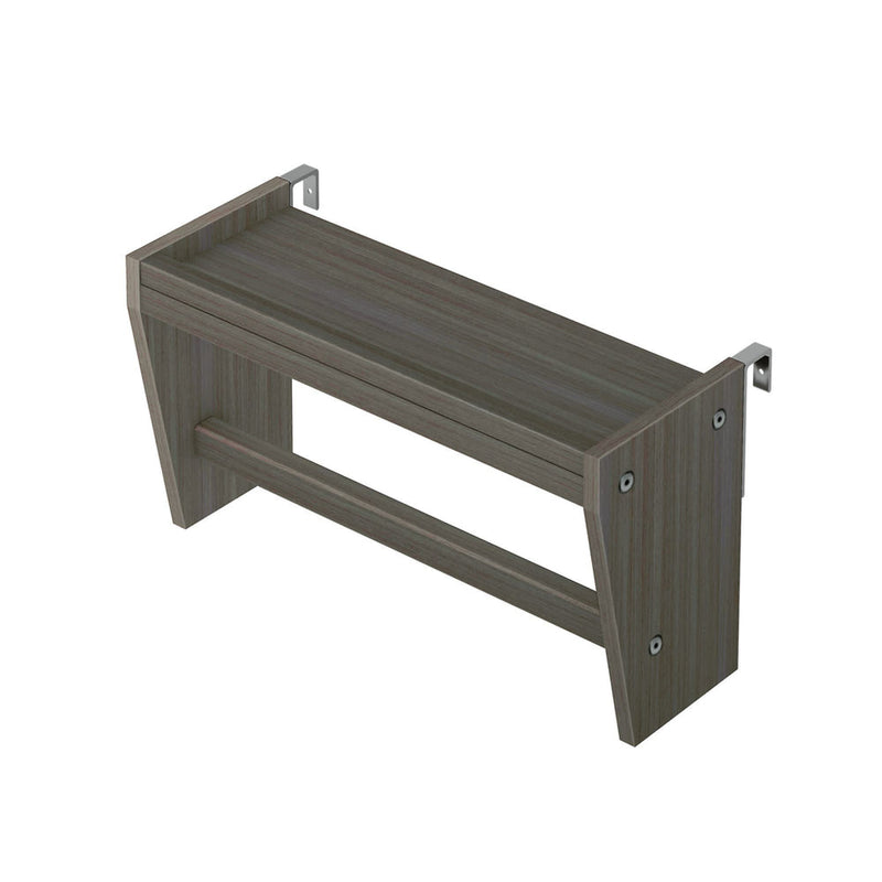 Wall-mounted wooden bench seat with metal brackets for modern interiors.