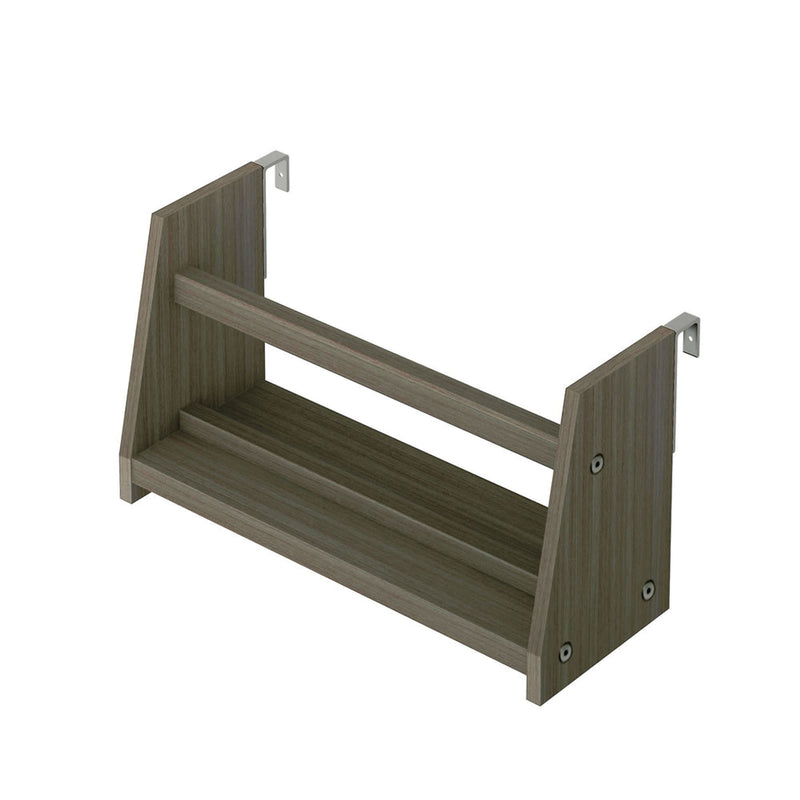 Wall-mounted wooden spice rack with two shelves and metal brackets for kitchen organization.