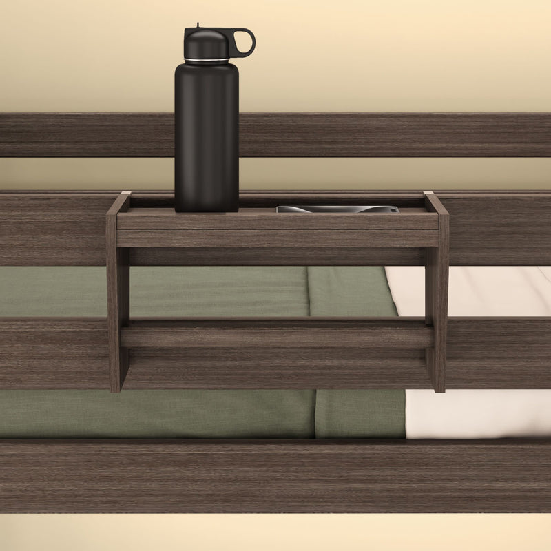Wooden dorm bed shelf with water bottle and phone storage.