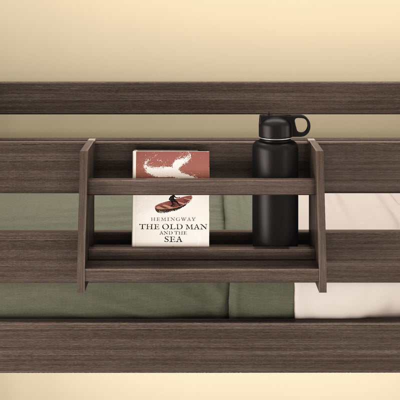 Wooden bed shelf holding a book and a black water bottle, showcasing practical bedroom storage solutions.