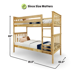 Wooden bunk bed with dimensions, featuring a sturdy ladder and safety rails.