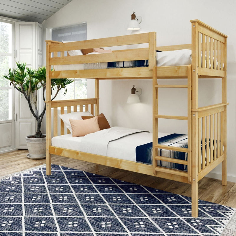 Wooden twin bunk bed in modern bedroom with plant and blue patterned rug.