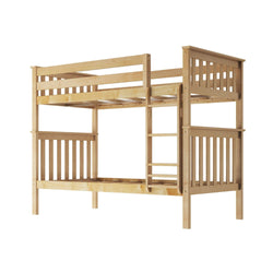 Wooden bunk bed with ladder and safety rails for kids' bedroom.