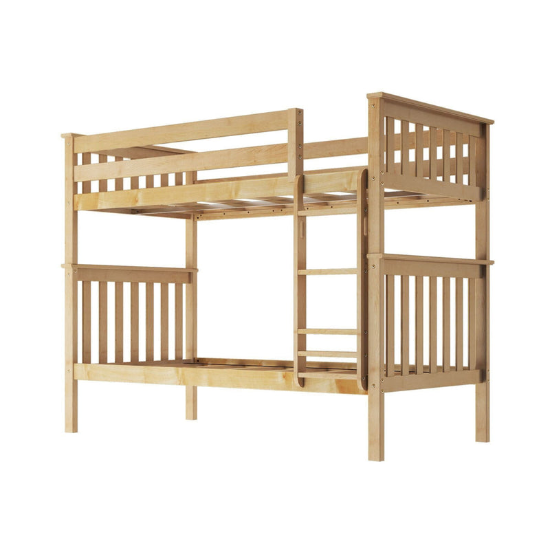 Wooden bunk bed with ladder and safety rails for kids' bedroom.