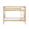 Natural solid maple twin-over-full wooden bunk bed with integrated ladder and white mattresses, minimalist kids' bedroom furniture