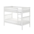 White wooden bunk bed with top guardrail and ladder, twin loft bed over full-size lower bed, modern kids bedroom furniture