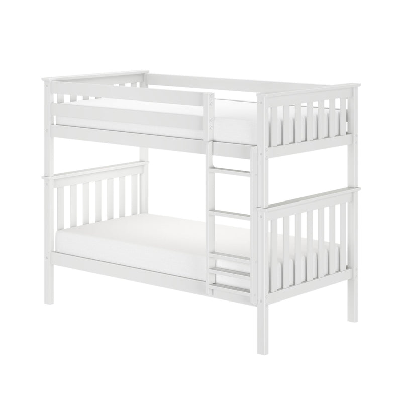 White wooden bunk bed with top guardrail and ladder, twin loft bed over full-size lower bed, modern kids bedroom furniture