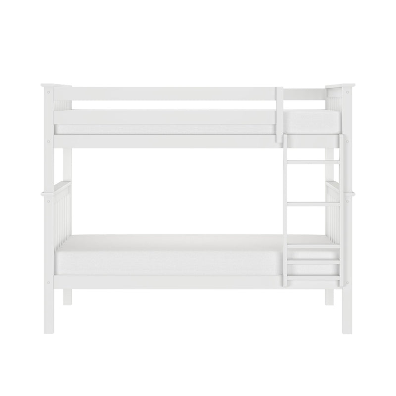 White wooden twin-over-full bunk bed with ladder and slatted guardrails — space-saving, sturdy modern farmhouse kids' bedroom furniture
