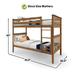 Wooden twin bunk bed with ladder, dimensions 65 inches high, 81.5 inches long, and 42.5 inches wide, featuring beige pillows and striped blankets.