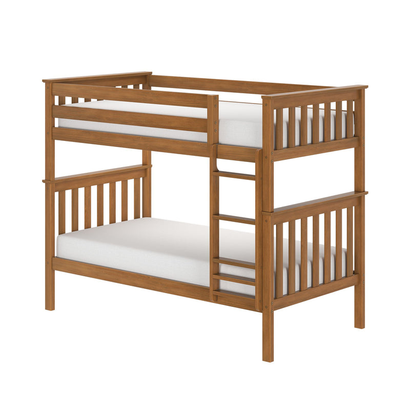 Solid wood bunk bed in natural oak finish with ladder, slatted guardrails and white mattresses — sturdy loft-style children's bunk bed