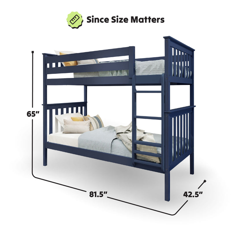 Navy blue wooden bunk bed with measurements 65 inches high, 81.5 inches long, and 42.5 inches wide, featuring bedding and a ladder.