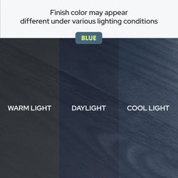 Image showing color variations of blue wood finish under warm light, daylight, and cool light conditions.