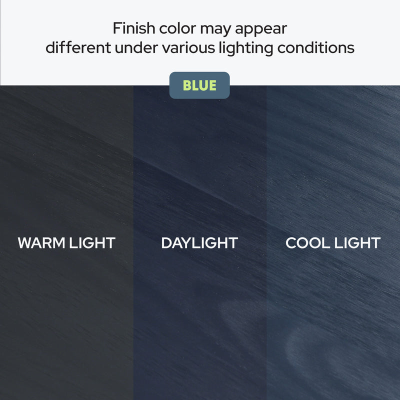 Image showing color variations of blue wood finish under warm light, daylight, and cool light conditions.
