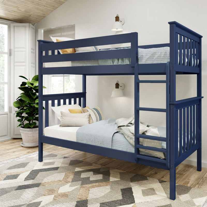 Blue wooden bunk bed in a modern, cozy bedroom setting with natural light and indoor plant.