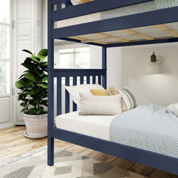 Blue bunk bed in a cozy bedroom with natural light, indoor plant, and soft pillows.