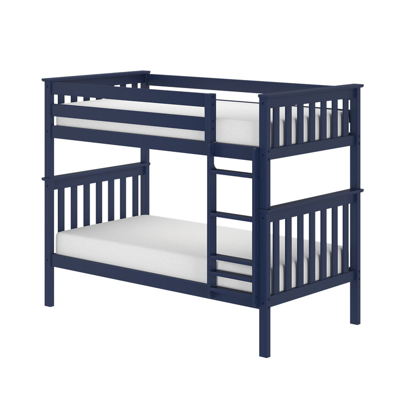 Navy blue wooden bunk bed with integrated ladder and white mattresses, modern space-saving kids loft bed for children's bedroom