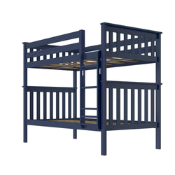 Blue wooden bunk bed with ladder for kids' bedroom.