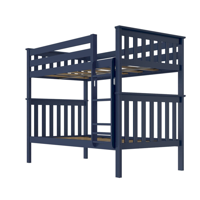 Blue wooden bunk bed with ladder for kids' bedroom.