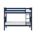 Navy blue solid wood twin-over-twin bunk bed with ladder and safety guardrails and white mattresses, modern kids bedroom furniture