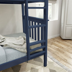 Blue wooden bunk bed with ladder in modern bedroom, featuring cozy bedspread and natural wood flooring.