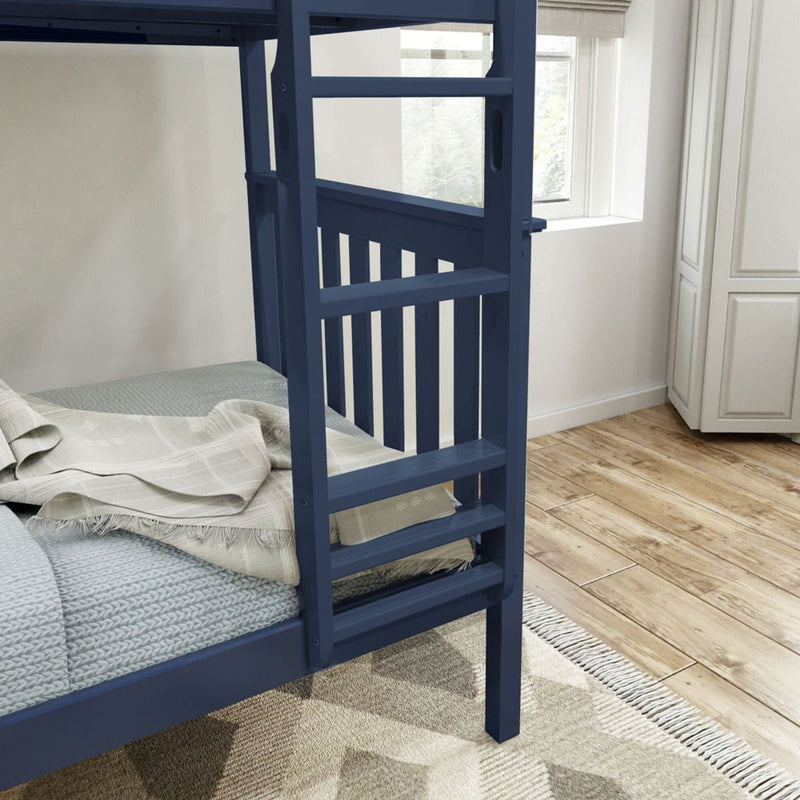 Blue wooden bunk bed with ladder in modern bedroom, featuring cozy bedspread and natural wood flooring.