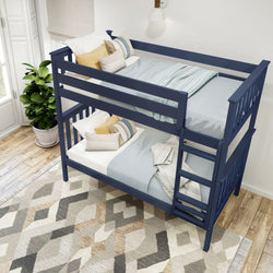 Blue wooden bunk bed with white and blue bedding in a stylishly designed bedroom with a patterned rug and potted plant.