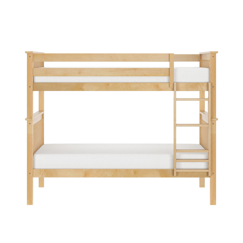 Light natural wood twin-over-twin bunk bed with ladder, slatted guardrails and white mattresses, modern minimalist design