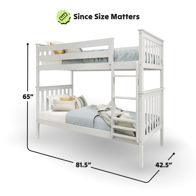 White wooden bunk bed with ladder, featuring dimensions: 65 inches in height, 81.5 inches in length, and 42.5 inches in width, emphasizing size for spacious bedroom furniture.