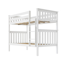 White wooden bunk bed with ladder and sturdy slatted design for kids' bedroom.