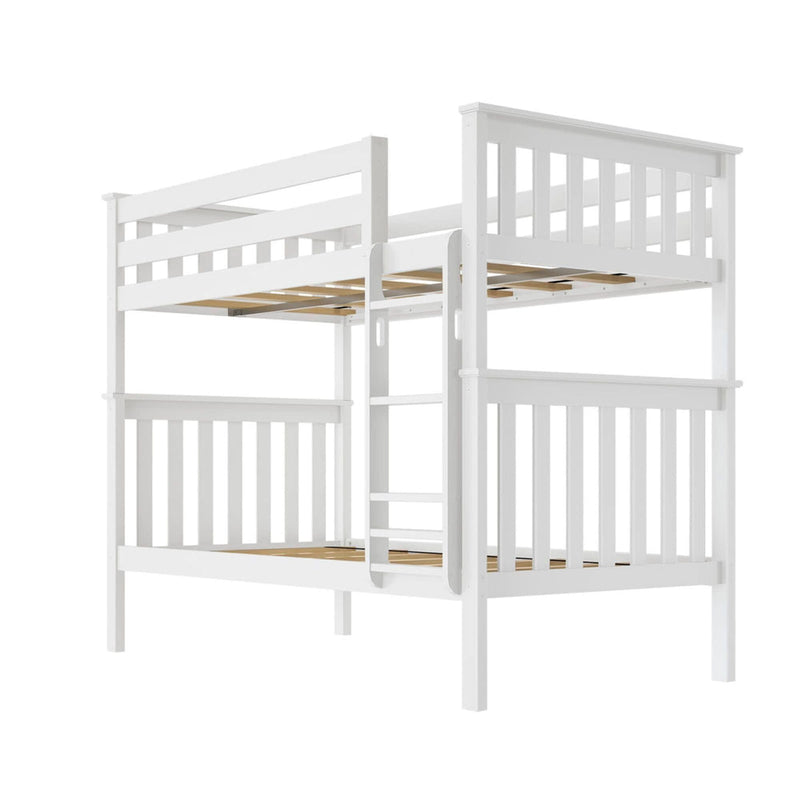 White wooden bunk bed with ladder and sturdy slatted design for kids' bedroom.