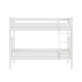 White wooden twin-over-twin bunk bed with built-in ladder and safety guardrails, minimalist kids’ bedroom space-saving design