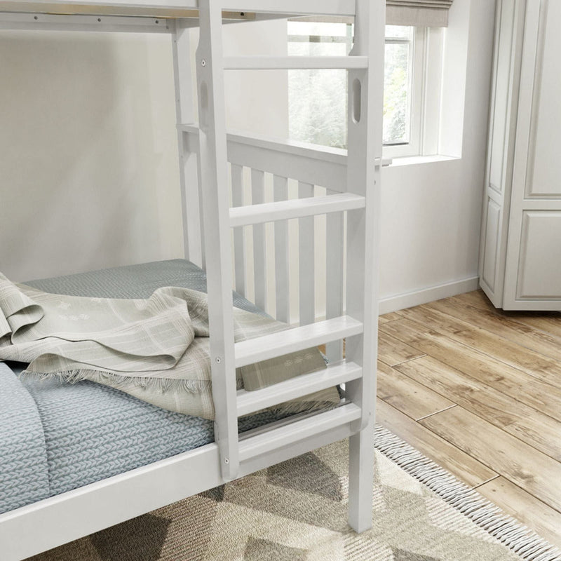 White wooden bunk bed ladder next to a cozy bed with a light green blanket in a bright bedroom with hardwood floors.