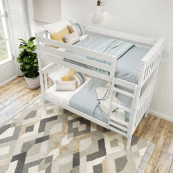 White wooden bunk bed with blue and yellow bedding in a bright cozy bedroom with geometric rug and potted plant.